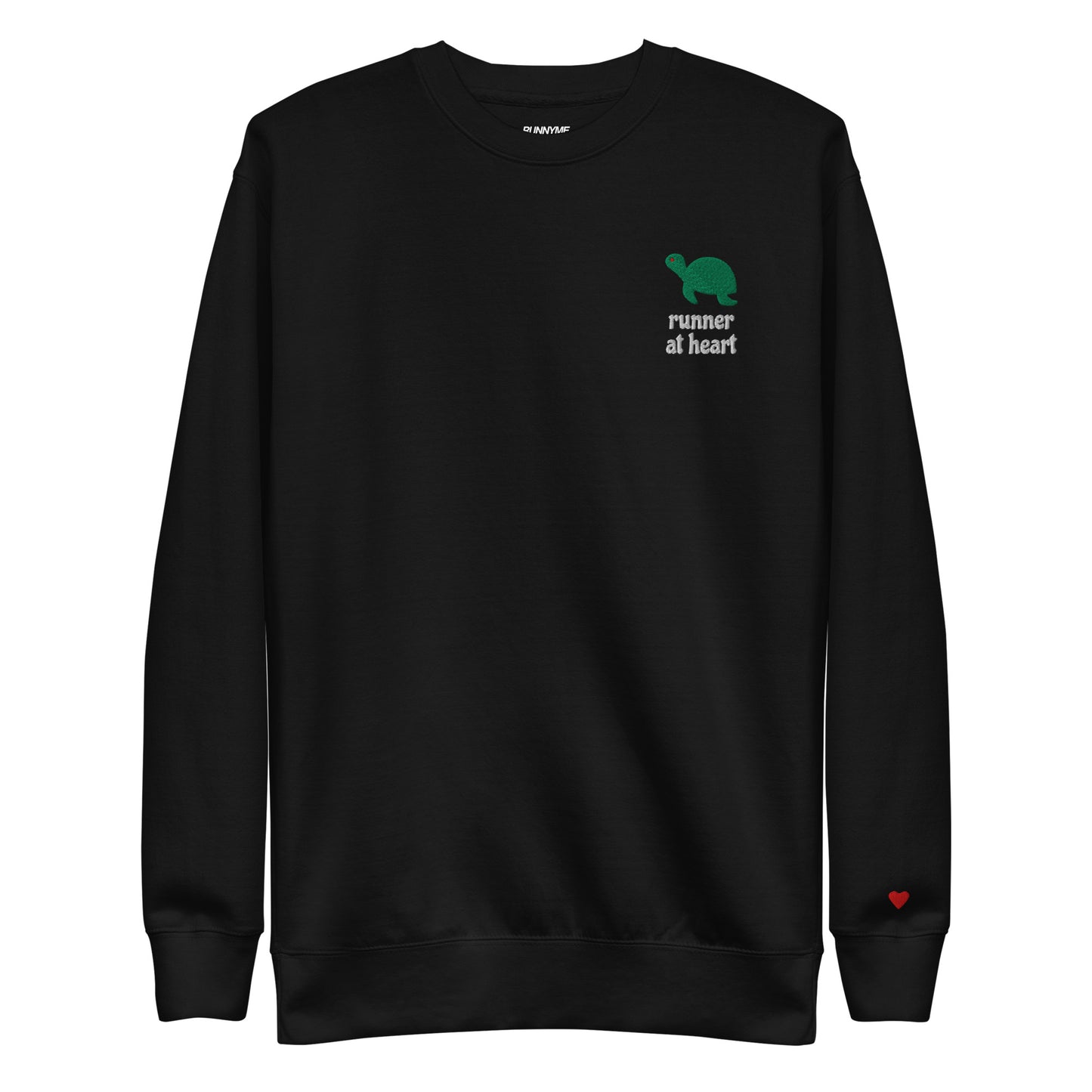 Black sweatshirt with a turtle graphic and text runner at heart