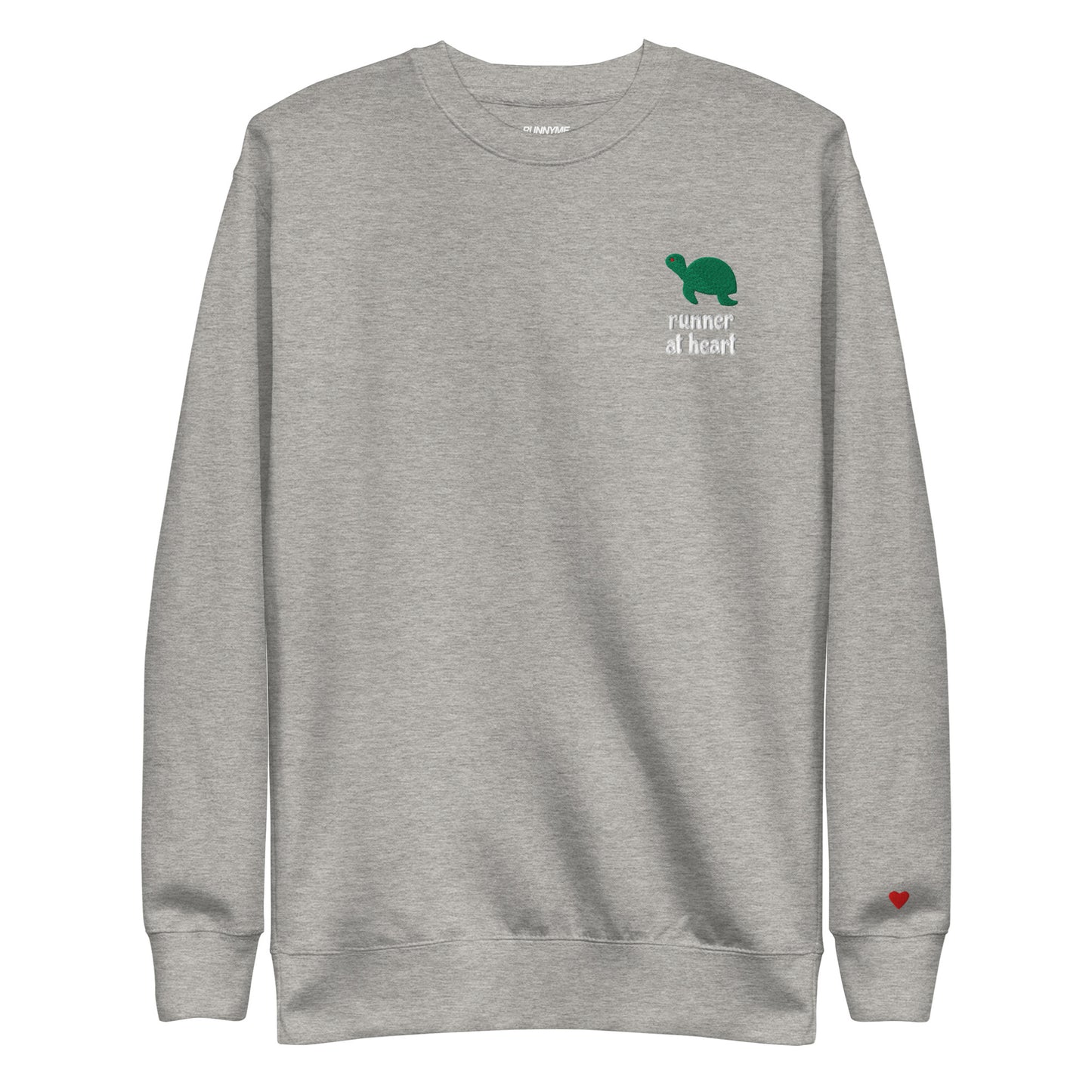 Gray sweatshirt with a green turtle graphic and text runner at heart