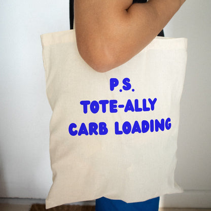 Canvas bag in natural color with blue text Carb loading