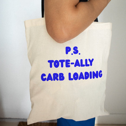 Canvas bag in natural color with blue text Carb loading