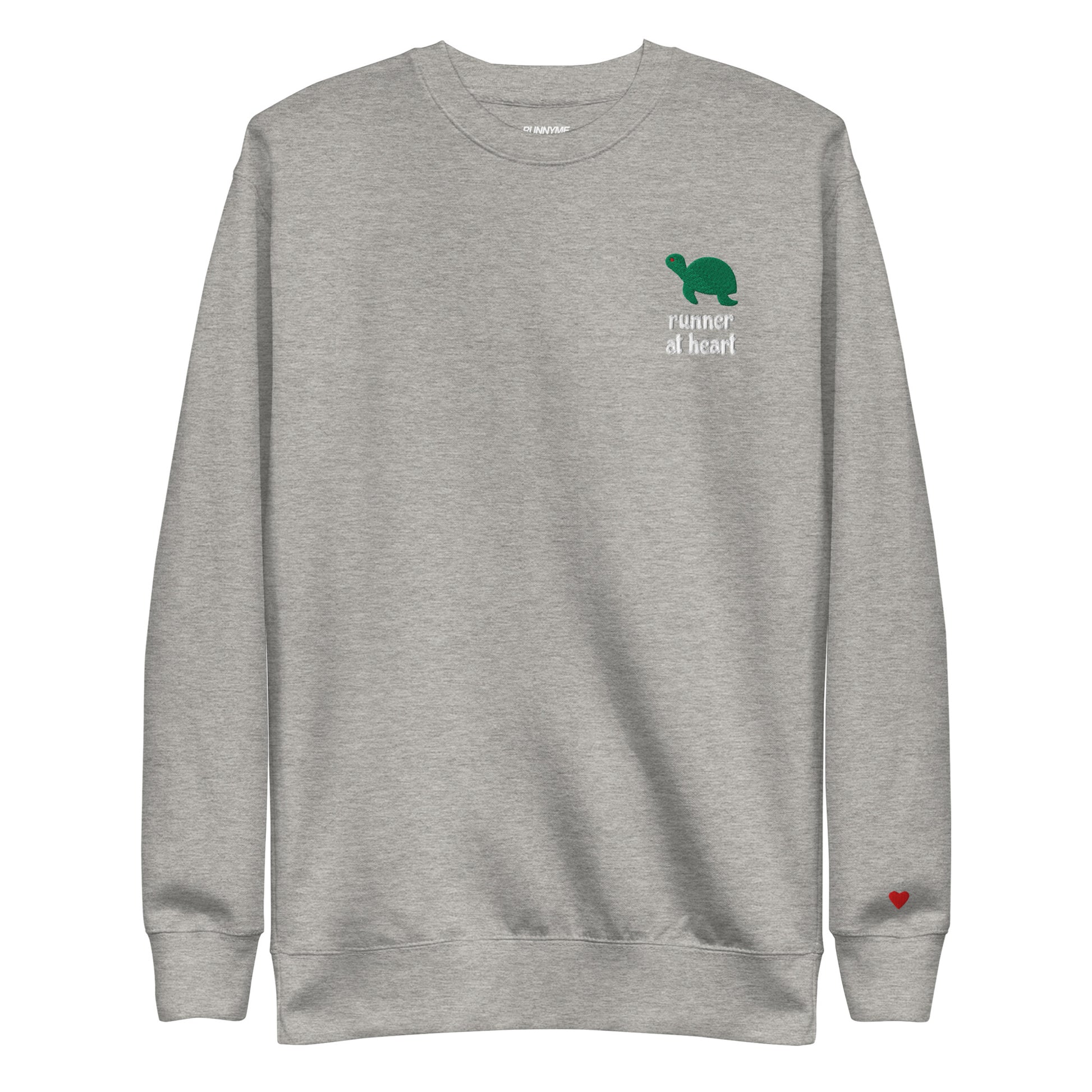 Gray sweatshirt with a green turtle graphic and text runner at heart